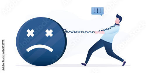 Sad male character chained to negative emotion. Bad mood and negative emotions from work. Stress and depression from overwork , toxic work environment. Psychological problems,