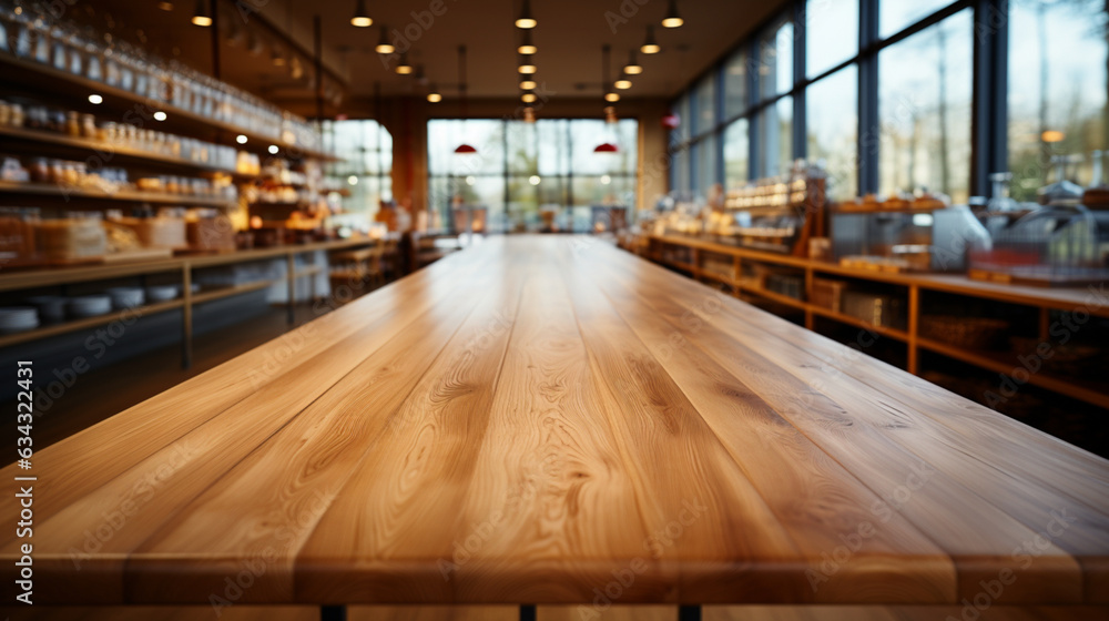 Leere Theke im Markt: Holztischplatte im Einzelhandel