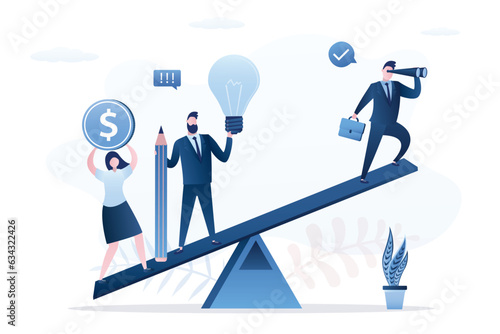 Efficiency business team help push seesaw for success. Collaboration, partnership to support leader to search right direction and reach goal, help or assist by colleagues,