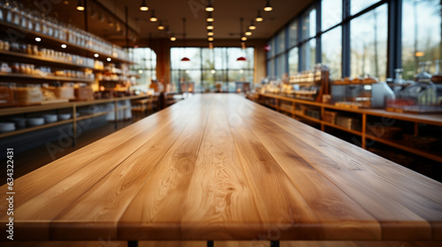 Leere Theke im Markt: Holztischplatte im Einzelhandel