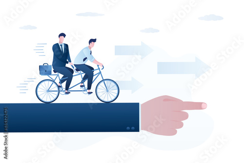 Businessmen steering tandem bike. Co-founders on dual bicycle, new project, startup. Investor or mentor hand helping search right way for business development.