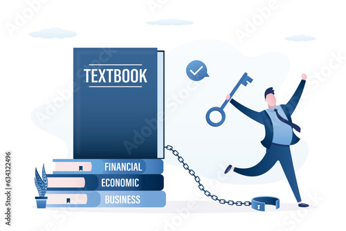 Graduation, happy student opened the shackle with big key. Successful young man is not chained to textbooks and books. MBA, education and diploma. Knowledge for career start.