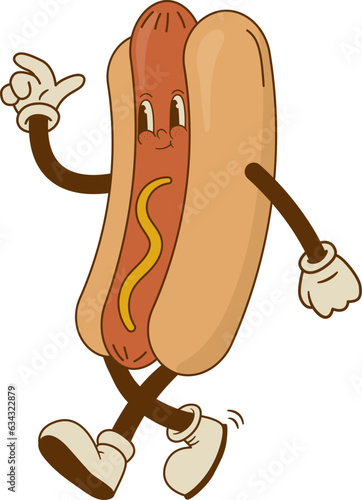 Cartoon hot dog character in retro 70s style. Street food vector illustration. Vintage bratwurst mascot poster. Nostalgia 60s, 1970s, 80s