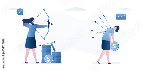 Boss blaming and bullying of weak worker. Frustrated exhausted businesswoman walking with painful arrow bows on back. Business betrayal, pain from failure, anxiety,