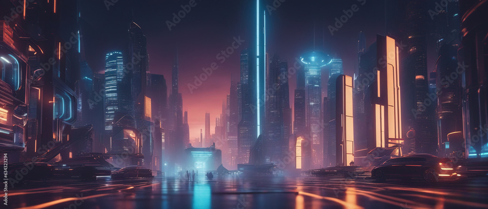 Cyberpunk neon city street at night. Futuristic city scene in a style of sci-fi art. 80's wallpaper. Retro future Generative AI illustration. Urban scene.	