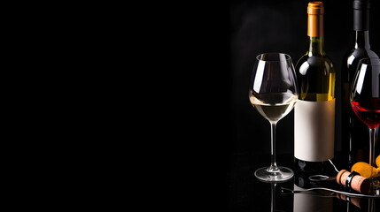 Glasses and bottles with red and white wine on black background