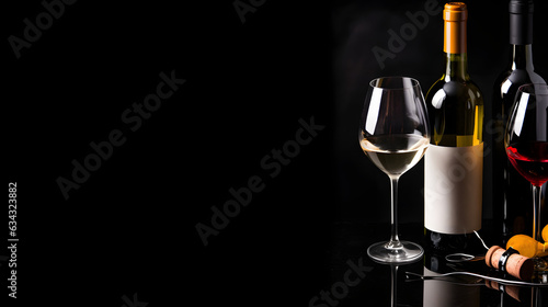 Glasses and bottles with red and white wine on black background