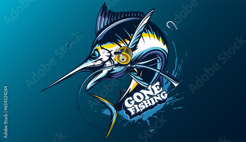 Marlin fishing logo vector; illustration. Swordfish fishing emblem isolated. Ocean fish logo. Saltwater fishing theme.