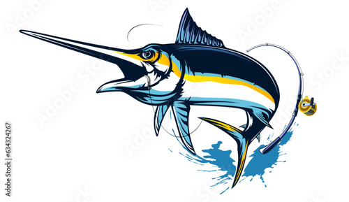 Marlin fishing logo vector  illustration. Swordfish fishing emblem isolated. Ocean fish logo. Saltwater fishing theme.