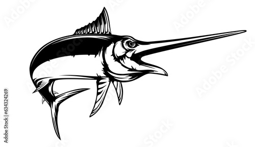 Marlin fishing logo vector  illustration. Swordfish fishing emblem isolated. Ocean fish logo. Saltwater fishing theme.