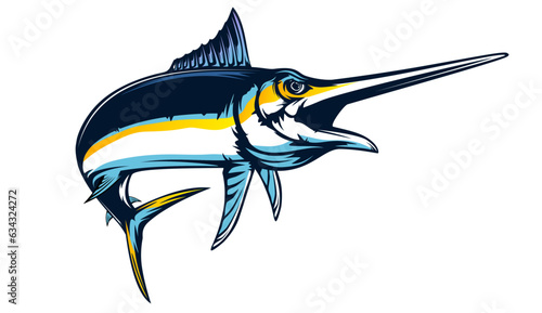 Marlin fishing logo vector  illustration. Swordfish fishing emblem isolated. Ocean fish logo. Saltwater fishing theme.