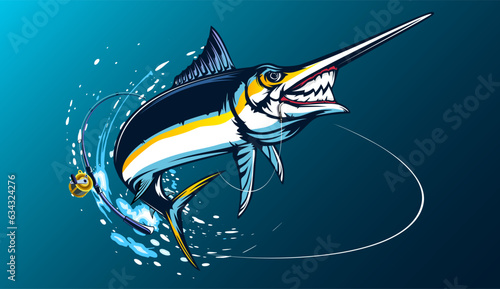 Marlin fishing logo vector  illustration. Swordfish fishing emblem isolated. Ocean fish logo. Saltwater fishing theme.