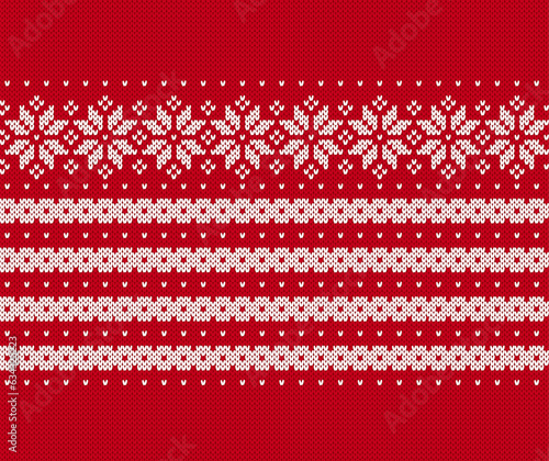 Christmas knitted sweater texture. Xmas winter knit seamless print. Red holiday pattern. Geometric background with snowflakes. Holiday traditional ornament. Festive crochet. Wool pullover illustration