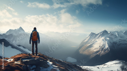 Male tourist climbed to the top of the mountain new quality universal colorful technology stock image illustration design, generative ai