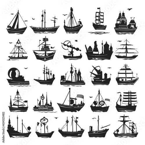 Ship icons and silhouettes in all black colors. 