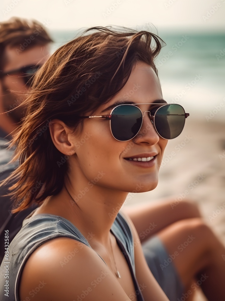 portrait of a woman relaxing on the windy beach portrait of a woman relaxing on the windy beach