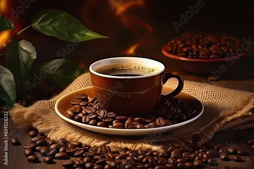 taza de ceramica con cafe sobre mesa de madera y fondo oscuro desenfocado con decoracion de granos de cafe .ilustracion de ia generativa photo