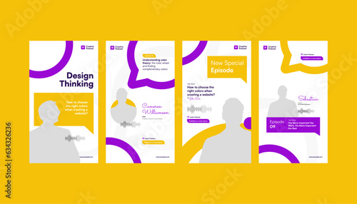 Modern Callout Pattern Podcast Media Promotion Set, featuring Vertical, Standee, Roll-up Banner, and Social Media Story Templates. Infuse your podcast brand with contemporary.