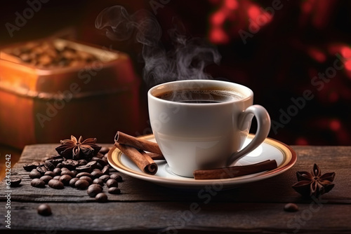 taza de ceramica con cafe sobre mesa de madera y fondo oscuro desenfocado con decoracion de granos de cafe, canela, anis y dulces.ilustracion de ia generativa
