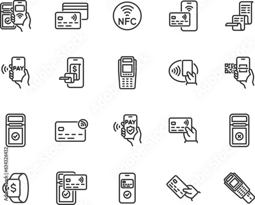 Vector set of contactless payment line icons. Contains icons terminal, payment, receipt, credit card, NFC, cashless payment, electronic receipt and more. Pixel perfect.