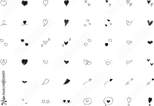 イラスト素材：かわいい手書きのベクターのハートセット　黒　白黒　Hand drawn vector black heart illustration set