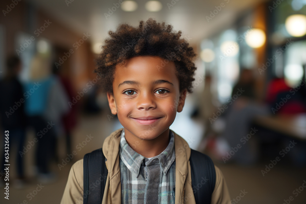 Portrait of handsome smiling afro american schoolboy with backpack inside school looking at camera, education concept Portrait of handsome smiling afro american schoolboy with backpack inside school looking at camera, education concept