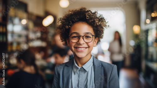 Portrait of handsome smart afro american schoolboy wearing glasses and jacket in classroom, positive boy at school looking at camera