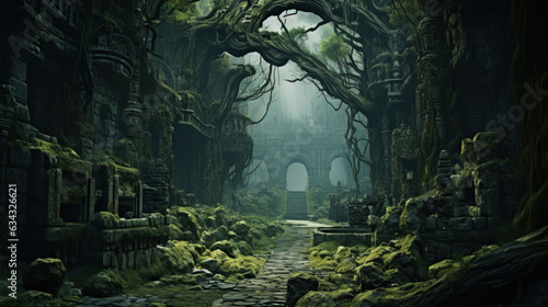 Fairy gate to avalon with ancient trees  mystical landscape. Generative AI.