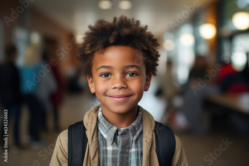 Portrait of handsome smiling afro american schoolboy with backpack inside school looking at camera, education concept