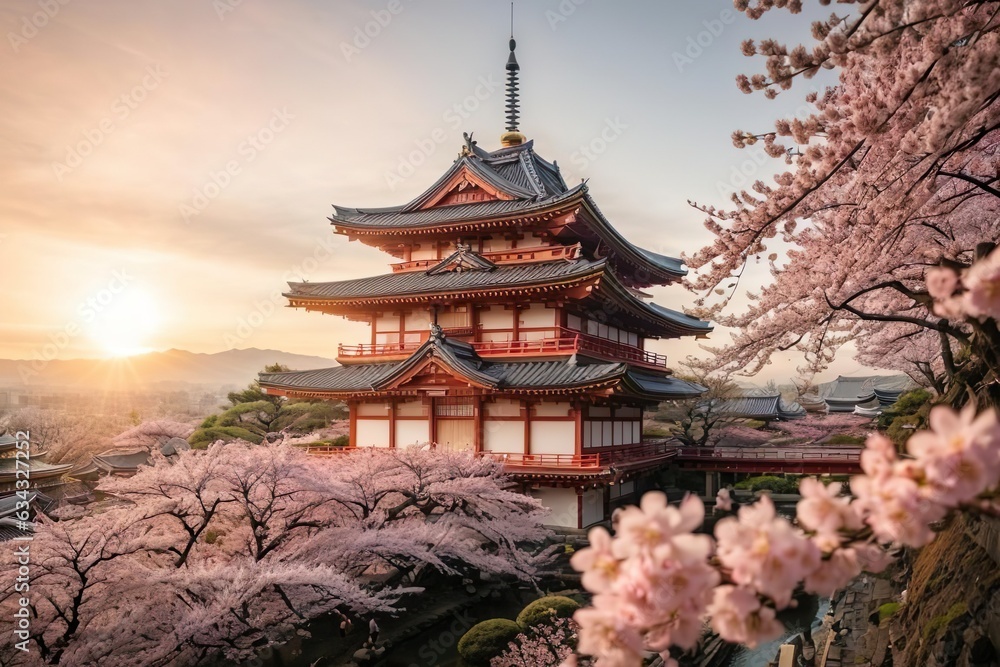 japanese temple in spring - obrazy, fototapety, plakaty 