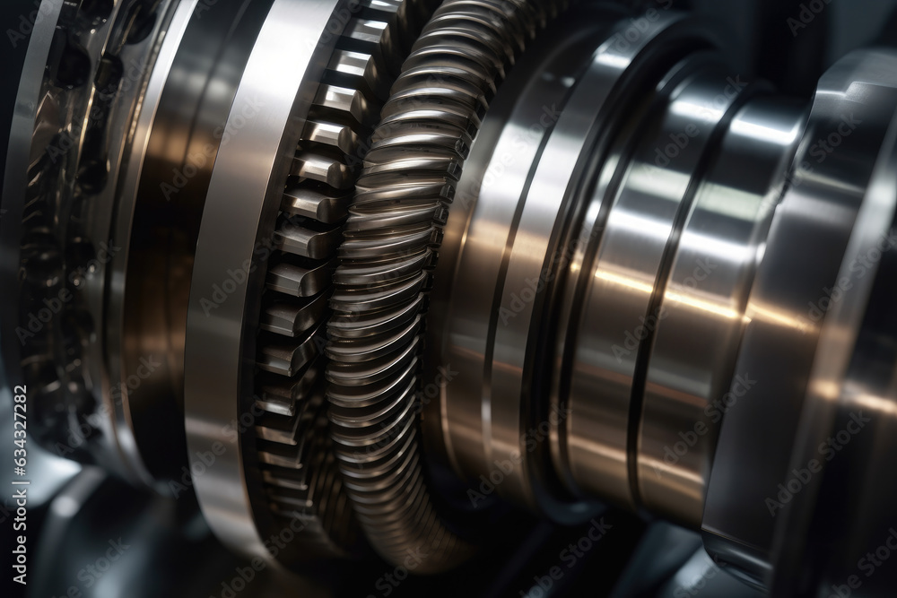 Macro shot of a compressor's metallic piston in motion with intricate mechanical details visible in the background Macro shot of a compressor's metallic piston in motion with intricate mechanical details visible in the background