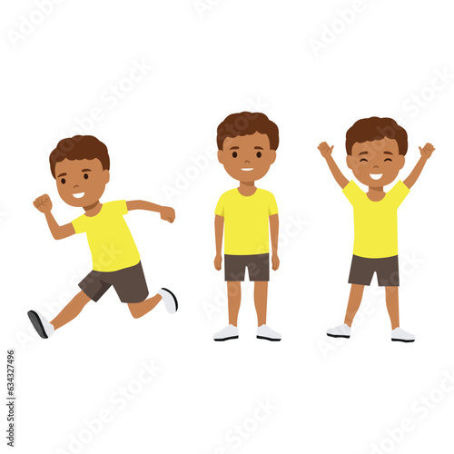 Vector set. Little boy with big eyes and long brown hair in various poses. Standing, jumping and walking. Flat vector illustration isolated on white background