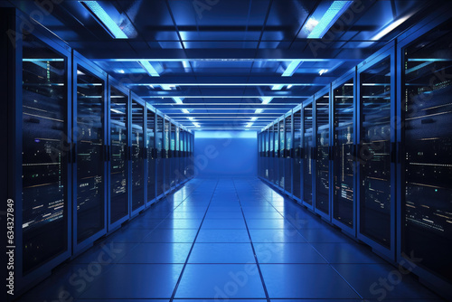 Macro shot of enclosures in a high-tech server room with blinking LED lights and cables