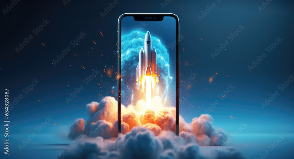 Modern startup business success concept rocket jet speed on mobile phone. Space rocket takes off from mobile device with smoke, creative idea, Acceleration and successful startup, generative ai - obrazy, fototapety, plakaty 