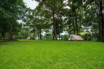 nature landscape camping or glamping cabin tent on green grass or lawn campground and tree for camper family holiday vacation on rainy season and cloudy at pom pee campsite in khao laem national park