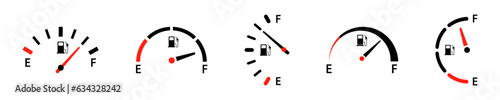 Set of fuel indicator vector icons. Car panel. Level petrol and diesel on car. Control panel. Measurement dial.