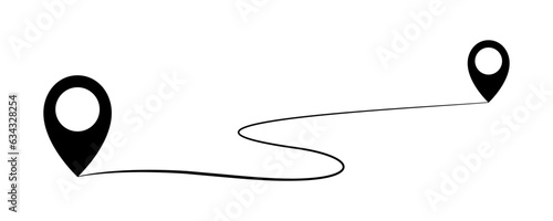 Path with location pins. Distance from one point to another. Road route. Curve route.