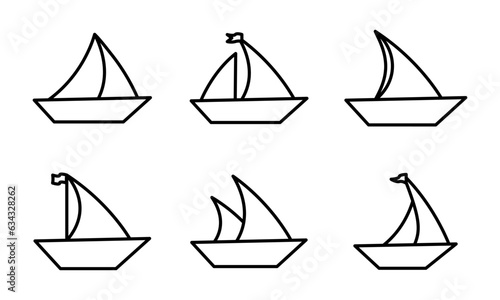 Set of line sail boat vector icons. Silhouette with linear sailboat. Black nautical yacht or sailboat. Vector 10 Eps.
