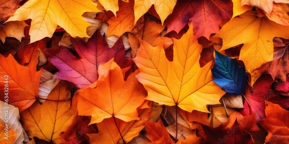 Autumn colorful leaves background, Falling leaves natural background, generative ai