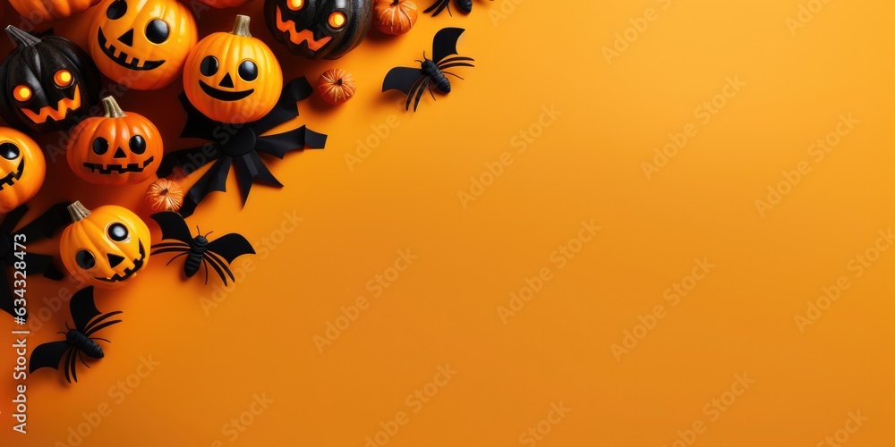 Halloween flat lay composition with pumpkins, bats, on orange background. Happy halloween banner mockup, generative ai Halloween flat lay composition with pumpkins, bats, on orange background. Happy halloween banner mockup, generative ai
