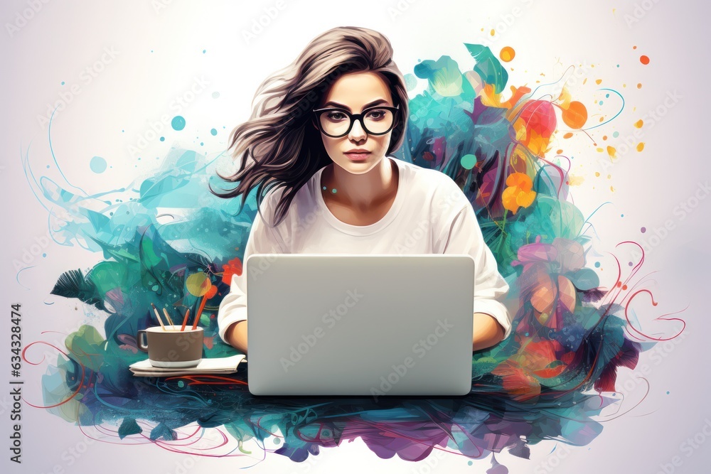 A beaming woman in stylish clothing sits confidently in front of her laptop, embracing the possibilities of the computer age with an artistic spark in her eye A beaming woman in stylish clothing sits confidently in front of her laptop, embracing the possibilities of the computer age with an artistic spark in her eye