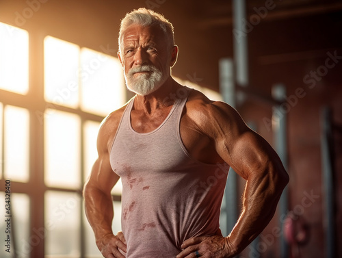 Handsome old strong and muscle man at the gym