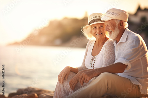 Happy elderly couple sitting hugging on the beach. AI generation