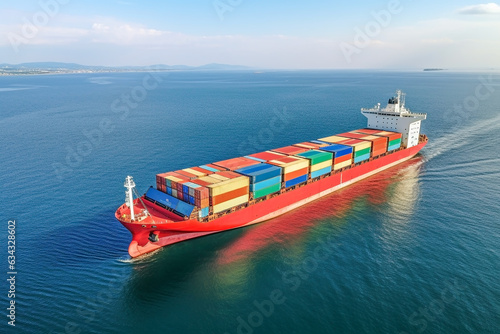 Blue sky and sea from a drone, container cargo ocean vessel sailing the seas for import and export industry, business concept.