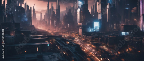 Aerial view to a cyberpunk neon city at night. Futuristic city scene in a style of sci-fi art. 80's wallpaper. Retro future Generative AI illustration. Urban scene. © Valeriy
