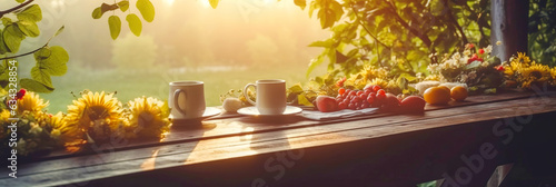 Tasty breakfast on wooden table on terrace in backyard of the house. Summer or spring morning background.
