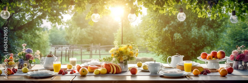 Tasty breakfast, berries, fruits on wooden table on terrace with string lights in backyard of the house. Summer or spring morning background.