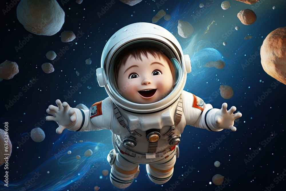 Young astronaut boy explores outer space surrounded by stars and planets in an enchanting illustration. Young astronaut boy explores outer space surrounded by stars and planets in an enchanting illustration.