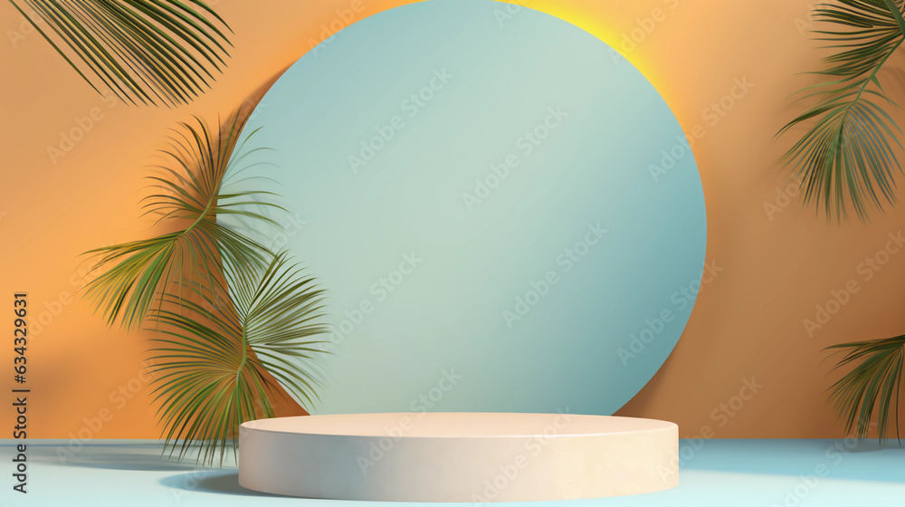 Round pastel podium and palm leaf, Abstract minimal geometric shapes background, Aesthetic summer dais concept and shadows on the wall, 3D Modern design for product showcase display, AI generated. Round pastel podium and palm leaf, Abstract minimal geometric shapes background, Aesthetic summer dais concept and shadows on the wall, 3D Modern design for product showcase display, AI generated.