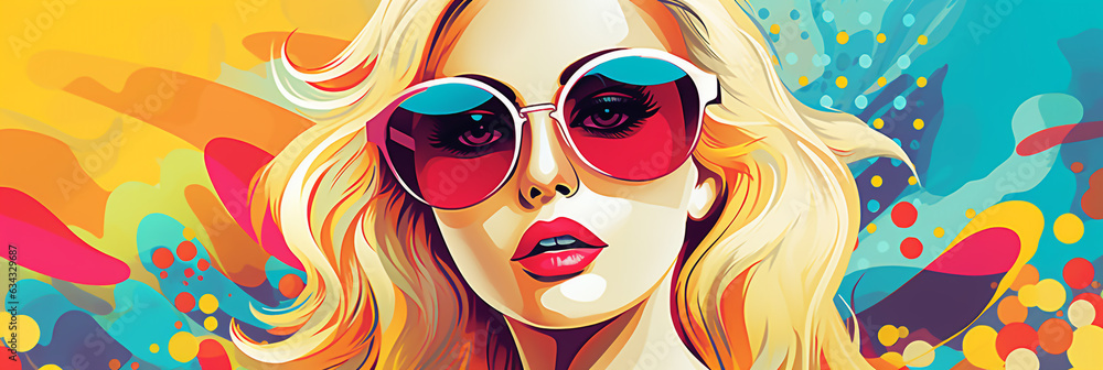 portrait of a blonde woman in sunglasses close-up, colorful illustration. Generative AI.